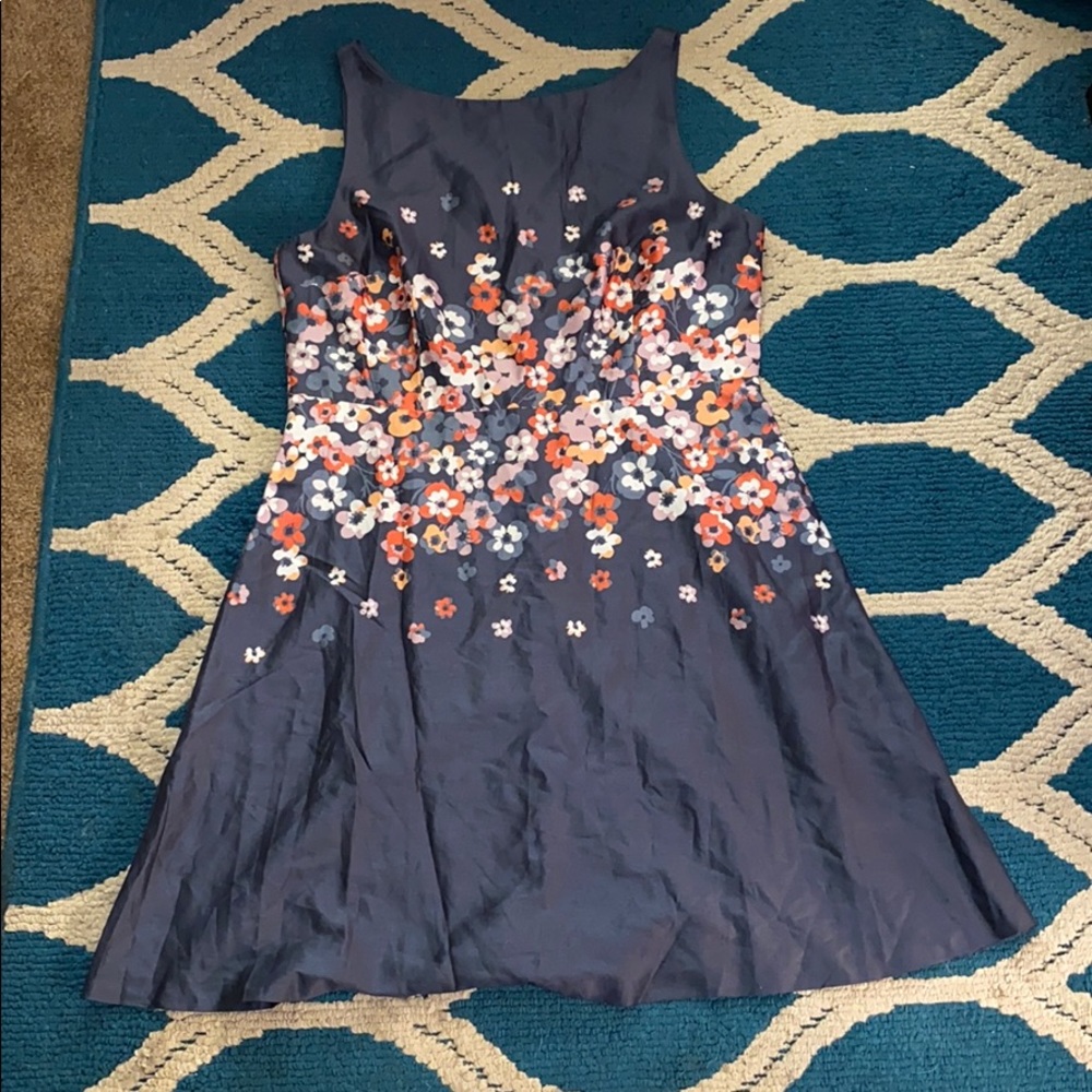 LOFT A-LINE DRESS Slate Blue with Floral Pattern.